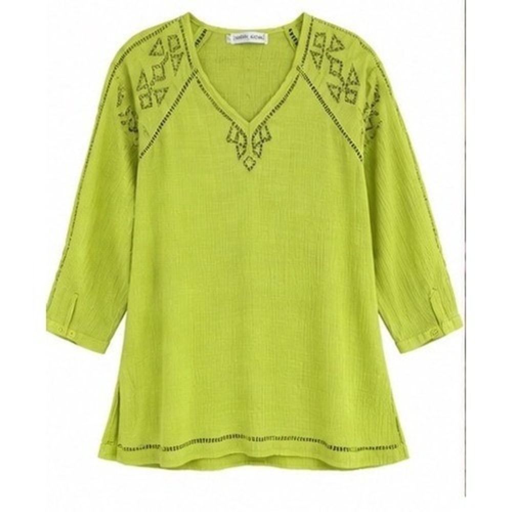 Lorena Adams Kiwi Green Crinkle Crochet Lace V-Neck Blouse Womens 1X Boho Top